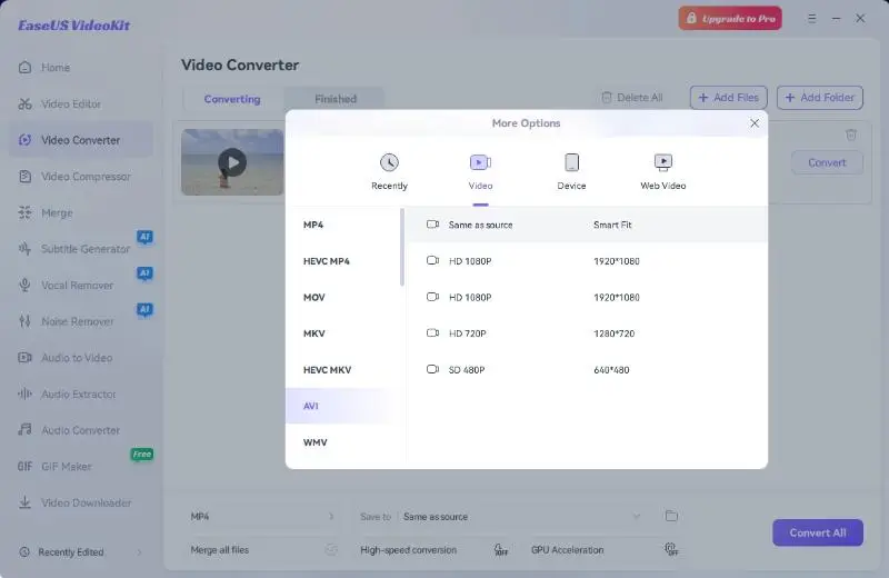 Настройка конвертирования из MKV в AVI в EaseUS Video Converter Настройка конвертирования из MKV в AVI в EaseUS Video Converter
