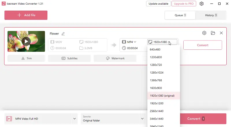 Set video resolution before M4V to MP4 conversion