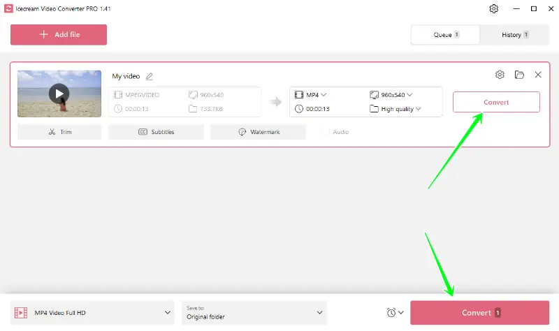 Click the button to convert MPG to MP4 in Icecream Video Converter