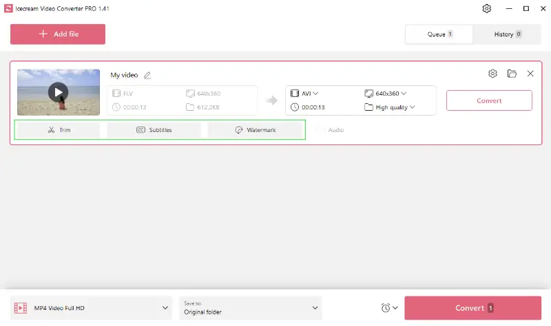 Enhance video before FLV to AVI conversion in Icecream Video Converter Enhance video before FLV to AVI conversion in Icecream Video Converter