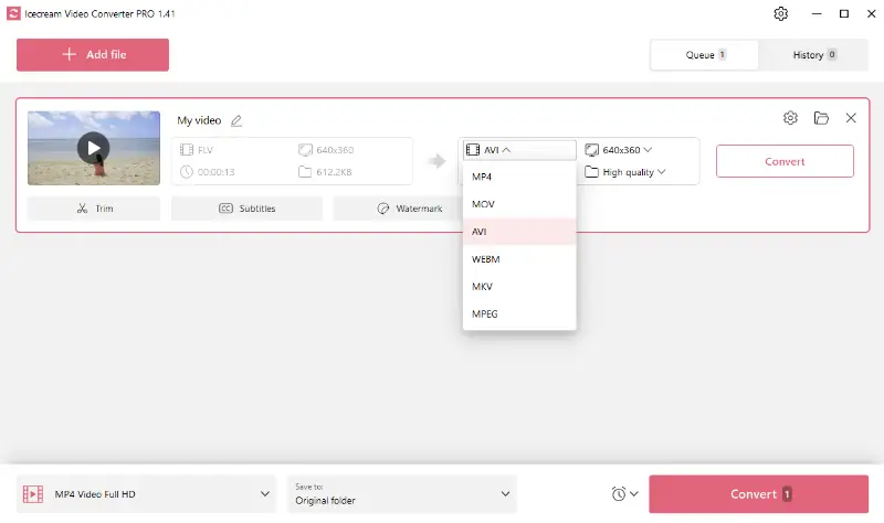 Set the output format for each file one by one in Icecream Video Converter